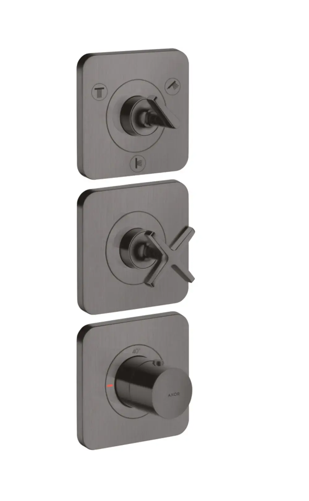 Thermostatmodul mit drei Bedienelementen für Wasser und Temperaturregulation. Ausführung in gebürstetem Schwarzchrom, Marke AXOR.